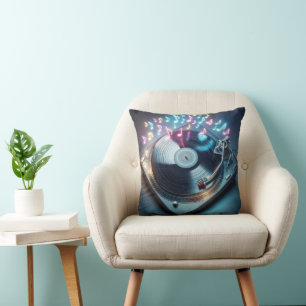 Stereo Turntable With Neon Notes Throw Pillow