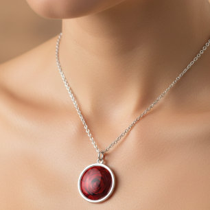 Sterling Silver Floral Necklace: Red Rose Pendant 