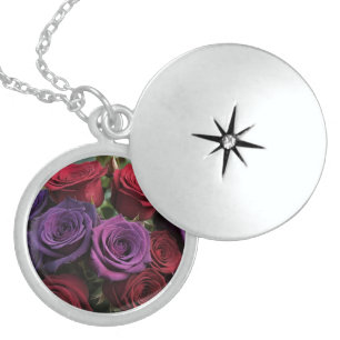 Sterling silver purple and red roses Locket Necklace