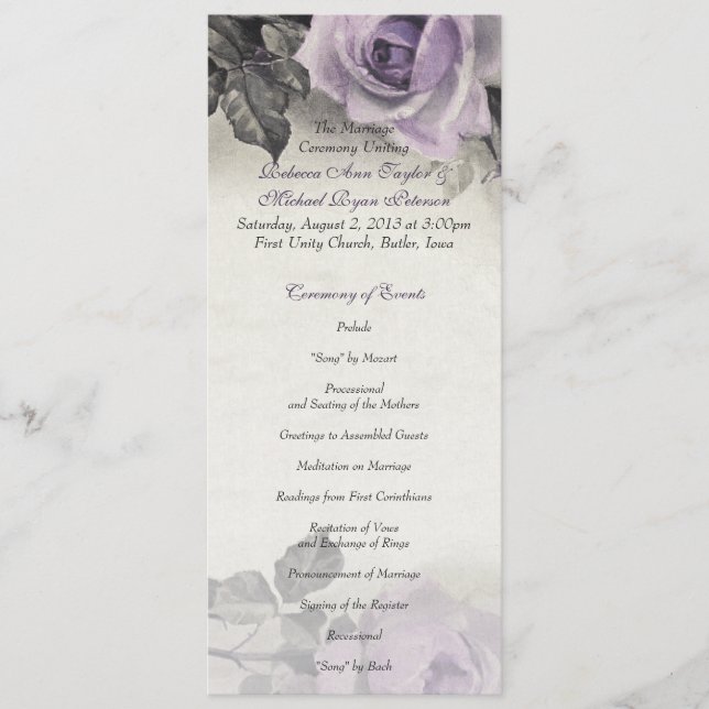 Sterling Silver Purple Rose Wedding Program (Front)