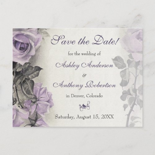 Sterling Silver Purple Rose Wedding Save the Date Announcement Postcard