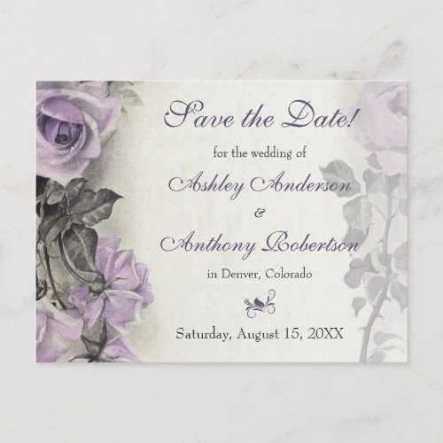 Sterling Silver Purple Rose Wedding Save the Date Announcement Postcard