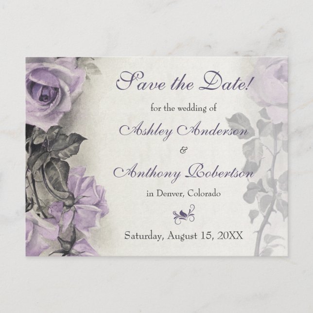 Sterling Silver Purple Rose Wedding Save the Date Announcement Postcard (Front)