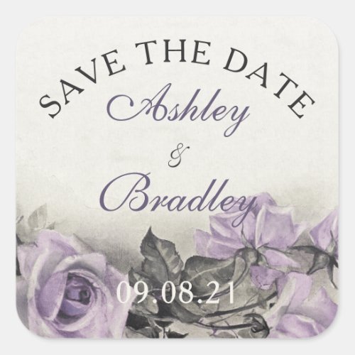 Sterling Silver Purple Rose Wedding Save the Date Square Sticker