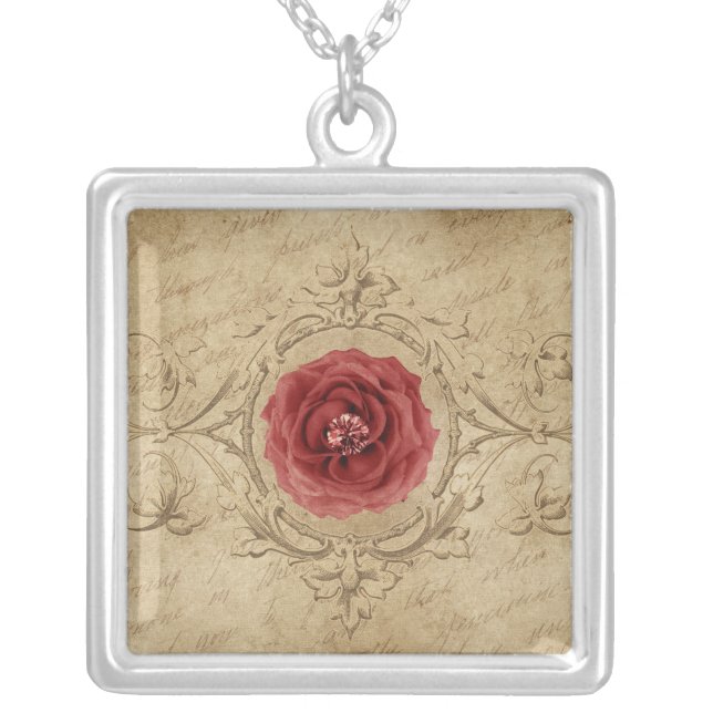 Sterling Silver Rose Square Necklace (Front)