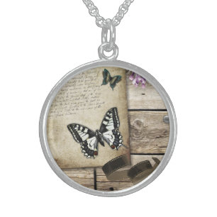 Sterling Silver Round Locket/Vintage Butterfly Necklace