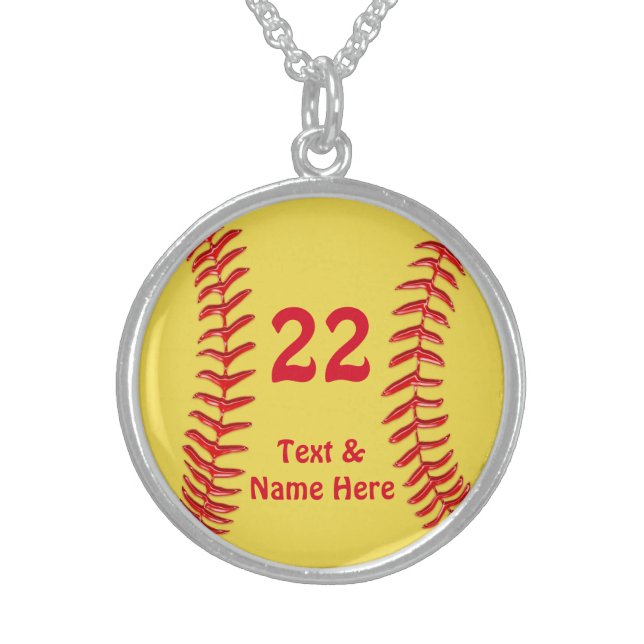 Sterling Silver Softball Necklace, Name, Number Necklace (Front)