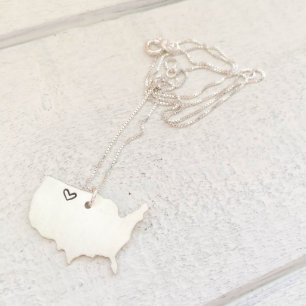 Sterling Silver USA Necklace w/Hand Stamped Heart