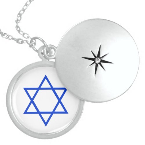 sterling star of david brite blue  on white locket necklace