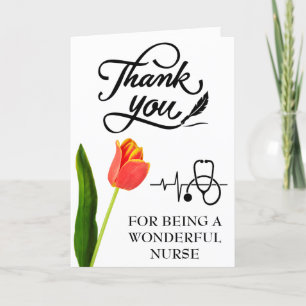 Stethoscope And Orange Tulip Nurse Letterpress Thank You Card