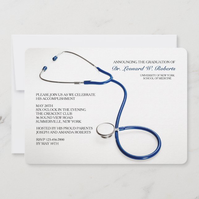 Stethoscope Blue Medical School Graduation Invites (Front)