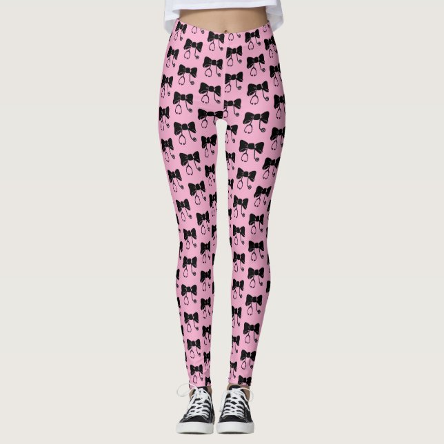 Stethoscope Bow Black & Pink Medical Leggings (Front)