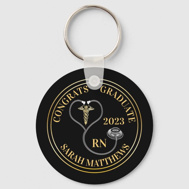 Stethoscope Caduceus RN Congrats Graduate - Black  Keychain (Front)