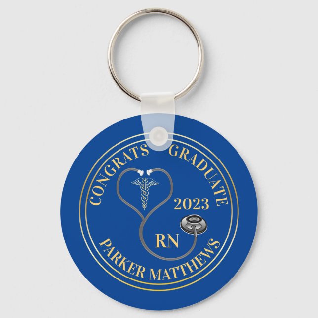 Stethoscope Caduceus RN Congrats Graduate - Blue Keychain (Front)