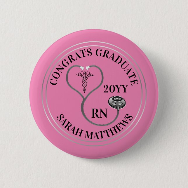 Stethoscope Caduceus RN Congrats Graduate - Pink B Button (Front)