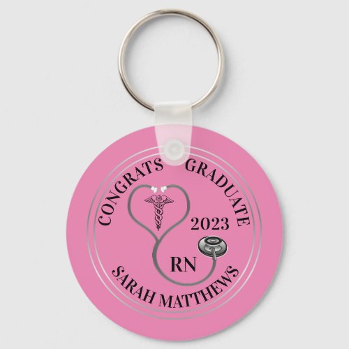 Stethoscope Caduceus RN Congrats Graduate _ Pink Keychain