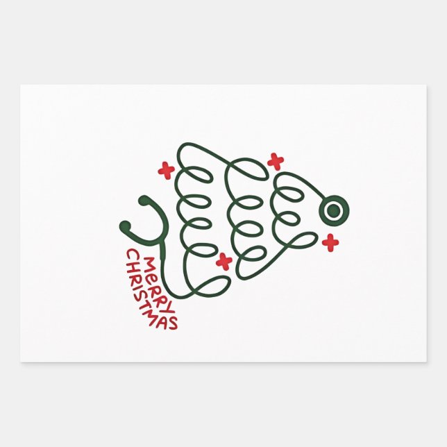 Stethoscope Christmas Tree Lights Nursing Scrubs  Wrapping Paper Sheets (Front)