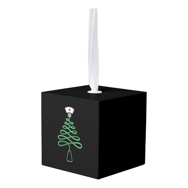 Stethoscope Christmas Tree Nurse Scrub Xmas  Cube Ornament (Back Angled)