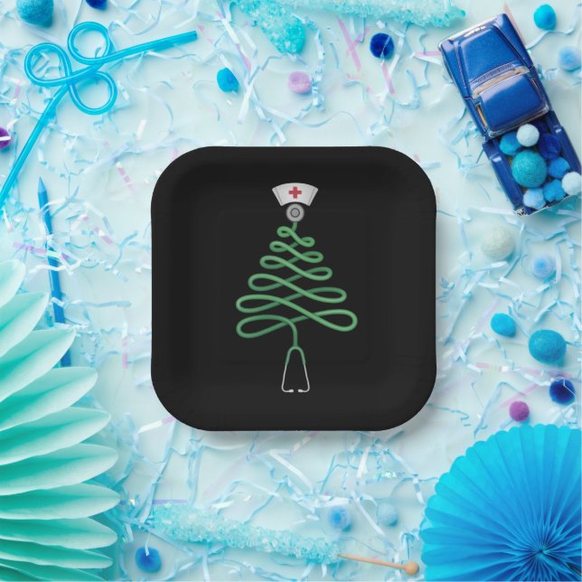 Stethoscope Christmas Tree Nurse Scrub Xmas  Paper Plates (Party)