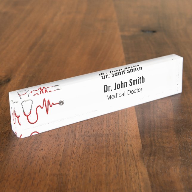 Stethoscope EKG Heartbeat Line ECG Wave Medical Desk Name Plate (Side)