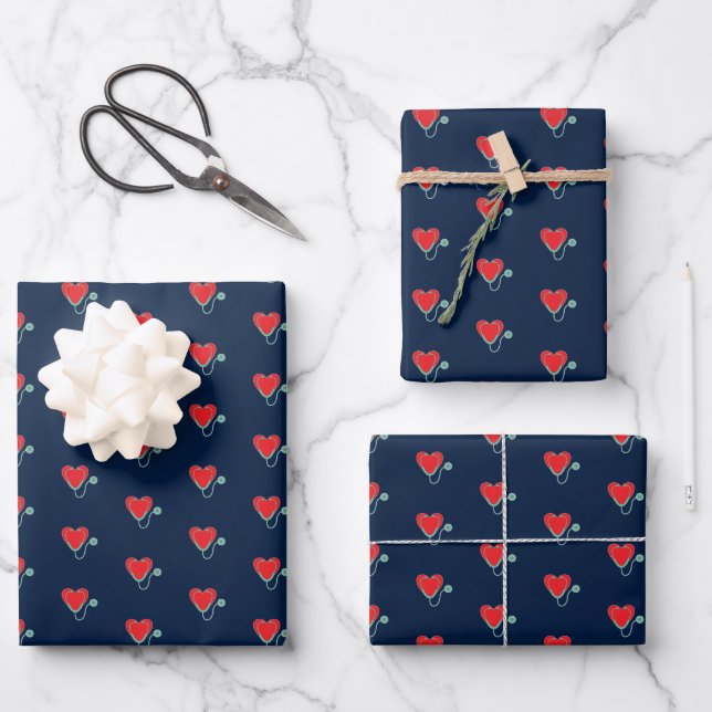 Stethoscope Heart Medical Field Gift Blue Wrapping Paper Sheets (Front)