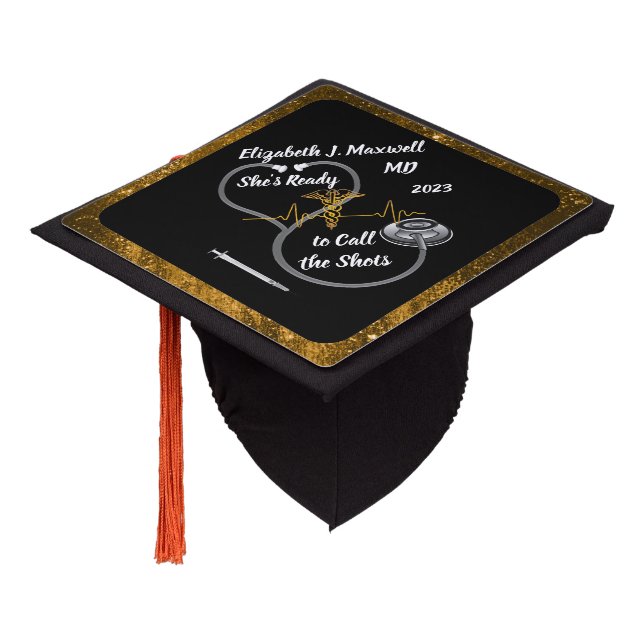 Stethoscope | MD - She's Ready to Call the Shots   Graduation Cap Topper (Angled)