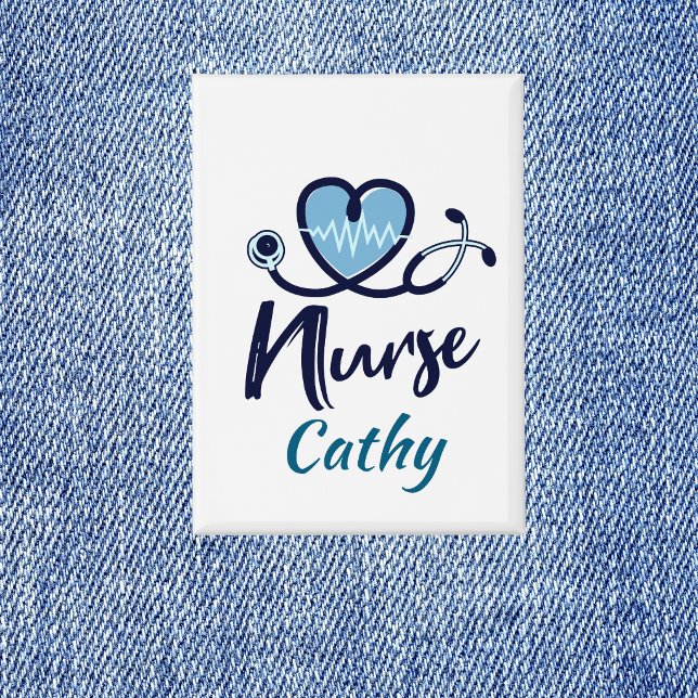 Stethoscope  Nurse Blue Heart Personalize  Button ( Custom Nursing name tag)