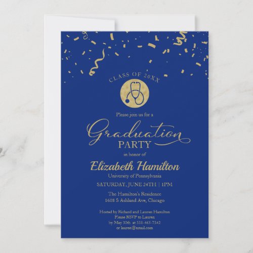 Stethoscope Nursing School Grad Party Gold Blue Invitation