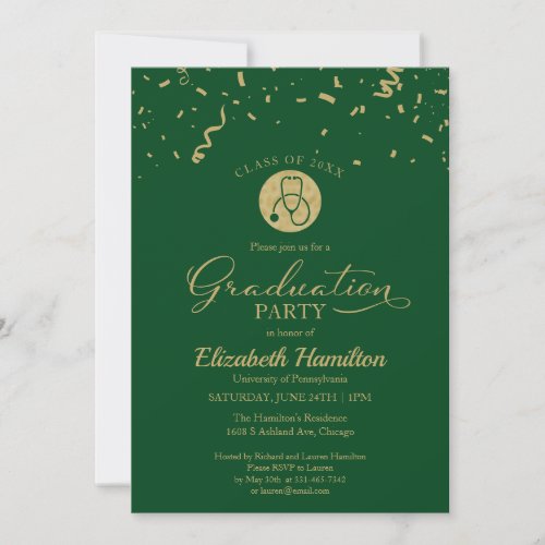 Stethoscope Nursing School Grad Party Gold Green Invitation