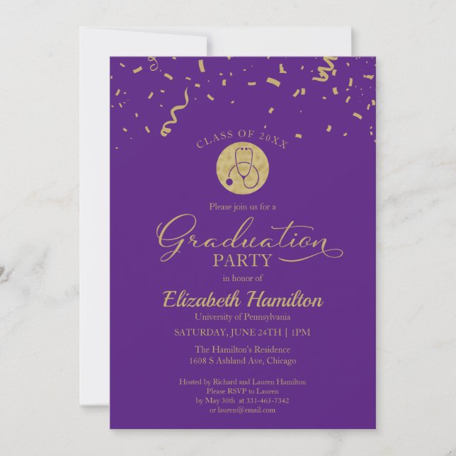 Stethoscope Nursing School Grad Party Gold Purple Invitation (Front)