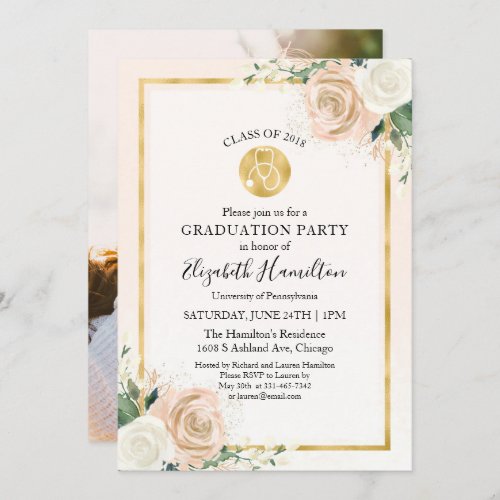 Stethoscope Nursing School Grad Party Photo Floral Invitation