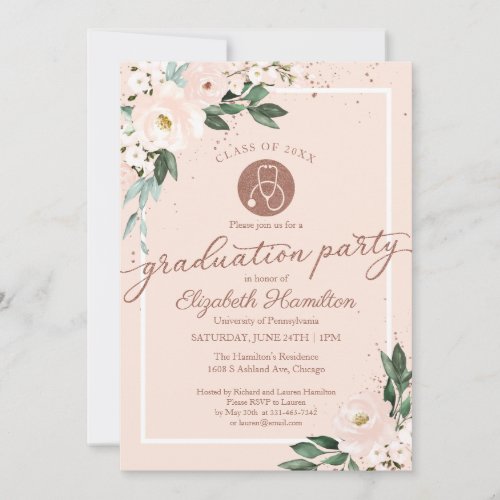 Stethoscope Nursing School Grad Party Pink Floral  Invitation