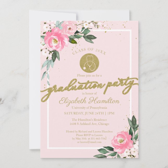 Stethoscope Nursing School Grad Party Pink Floral  Invitation (Front)