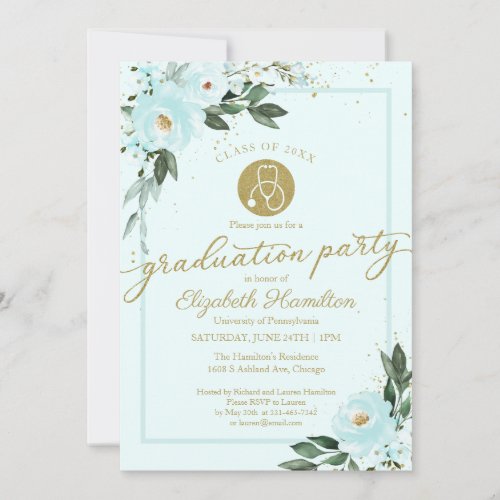 Stethoscope Nursing School Grad Party Teal Floral Invitation