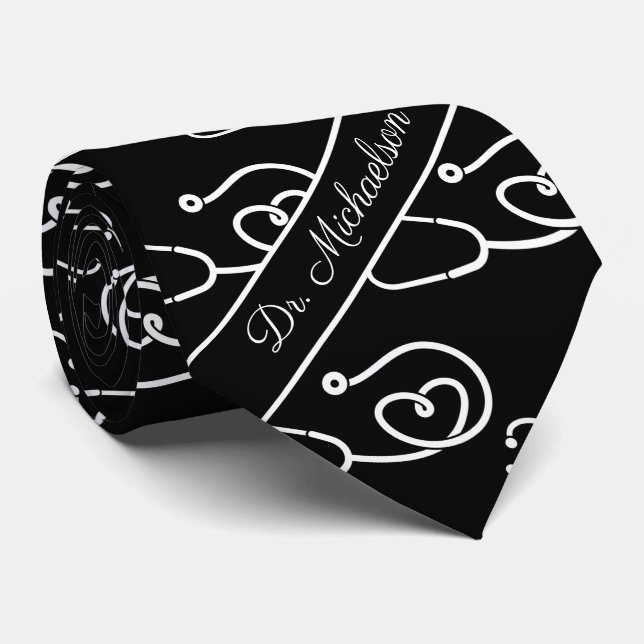 Stethoscope Pattern Physician Name Medical Doctor Neck Tie (Rolled)