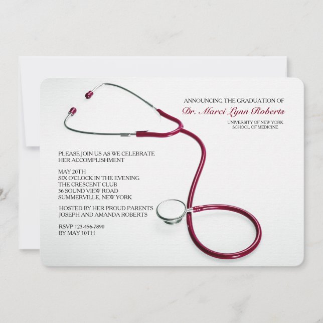 Stethoscope Red Medical School Graduation Invites (Front)