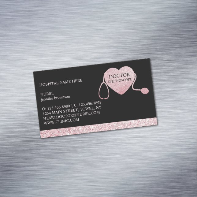 Stethoscope Sparkle Heart Pink Black Business Card Magnet (In Situ)
