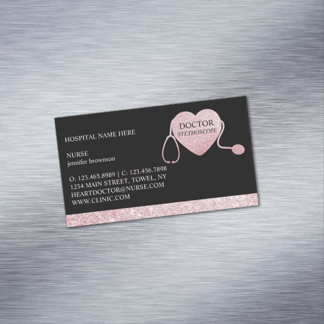 Stethoscope Sparkle Heart Pink Black Business Card Magnet