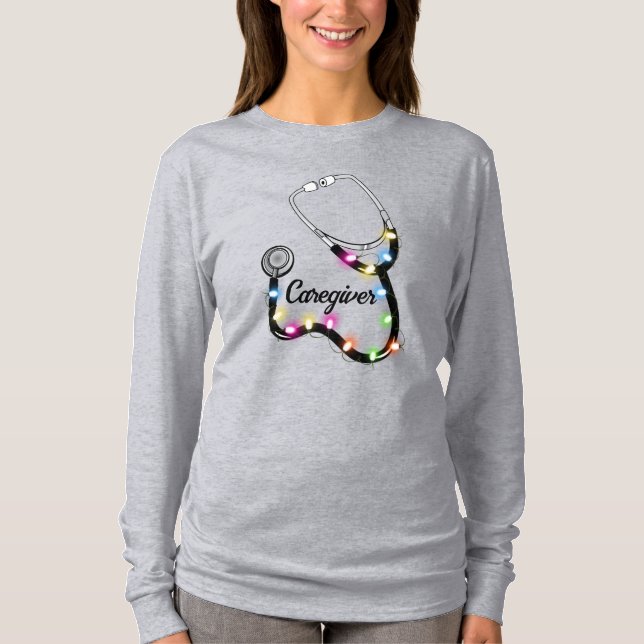 Stethoscope With Christmas Lights Merry Xmas Nurse T-Shirt (Front)