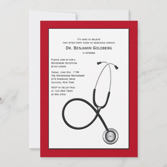 Stethoscope with Red Border Medical Retirement Inv Invitation (Front)