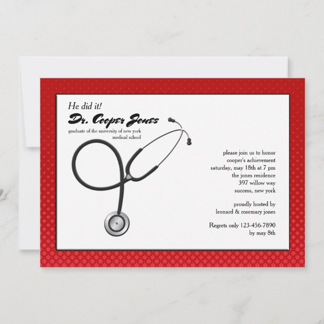 Stethoscope with Red Frame Medical Graduation Inv Invitation (Front)