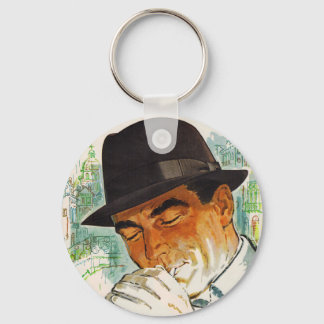 Stetson hat man lighting a cigarette keychain