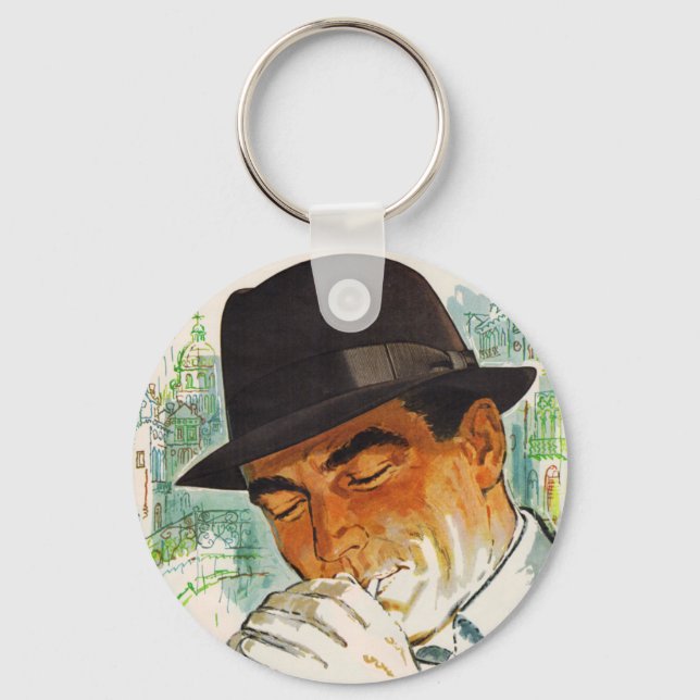 Stetson hat man lighting a cigarette keychain (Front)