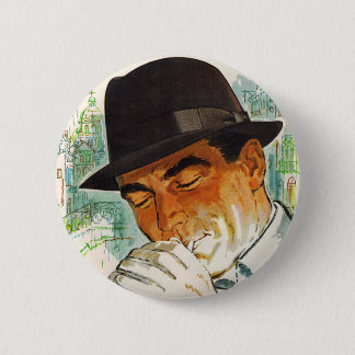 Stetson hat man lighting a cigarette pinback button