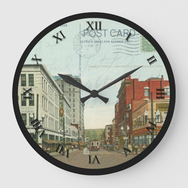 Steubenville Ohio Postcard Clock - Market St 1940 (Front)