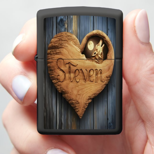Steven Carved Wooden Heart With Wolf Zippo Lighter (In Hand)