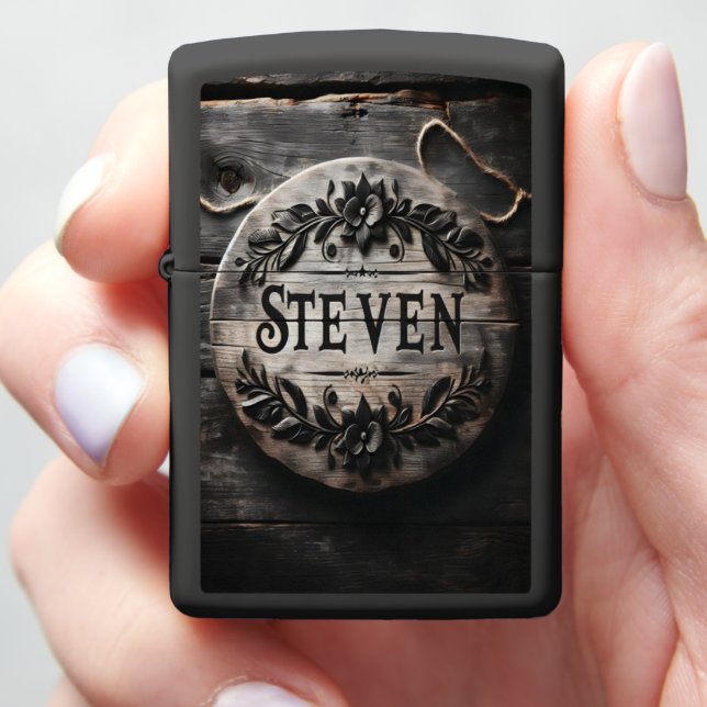 Steven's Carved Wooden Sign With Floral Detail Zippo Lighter (In Hand)