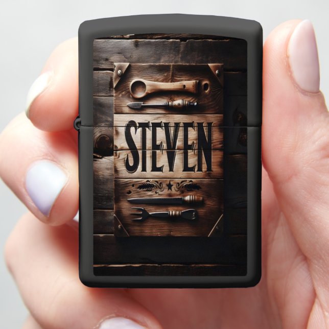 Steven's Rustic Wood Sign Zippo Lighter (In Hand)