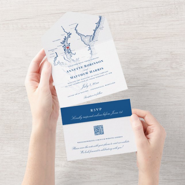 Stevensville MD Chesapeake Map Navy Blue Wedding All In One Invitation (Tearaway)