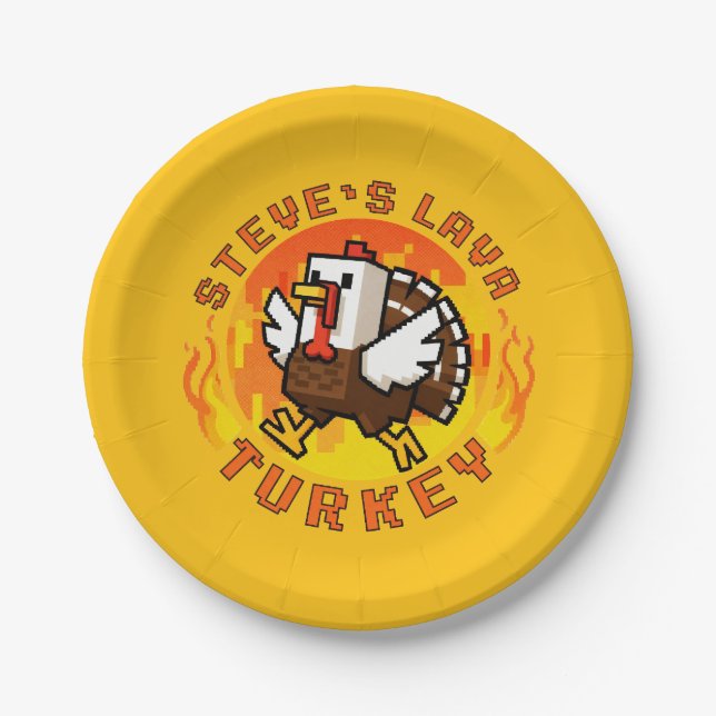 Steve's Lava Chicken Turkey Minecraft Thanksgiving Paper Plates (Front)